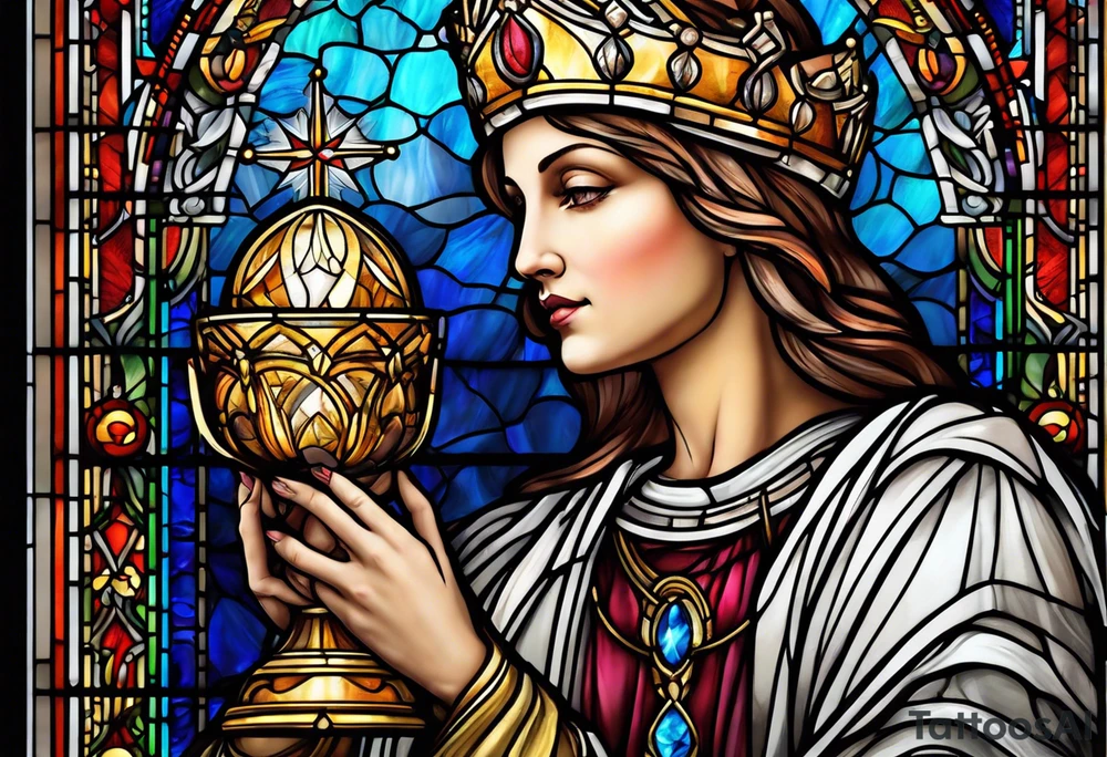holy saint woman with halo stained glass holding a chalice tattoo idea