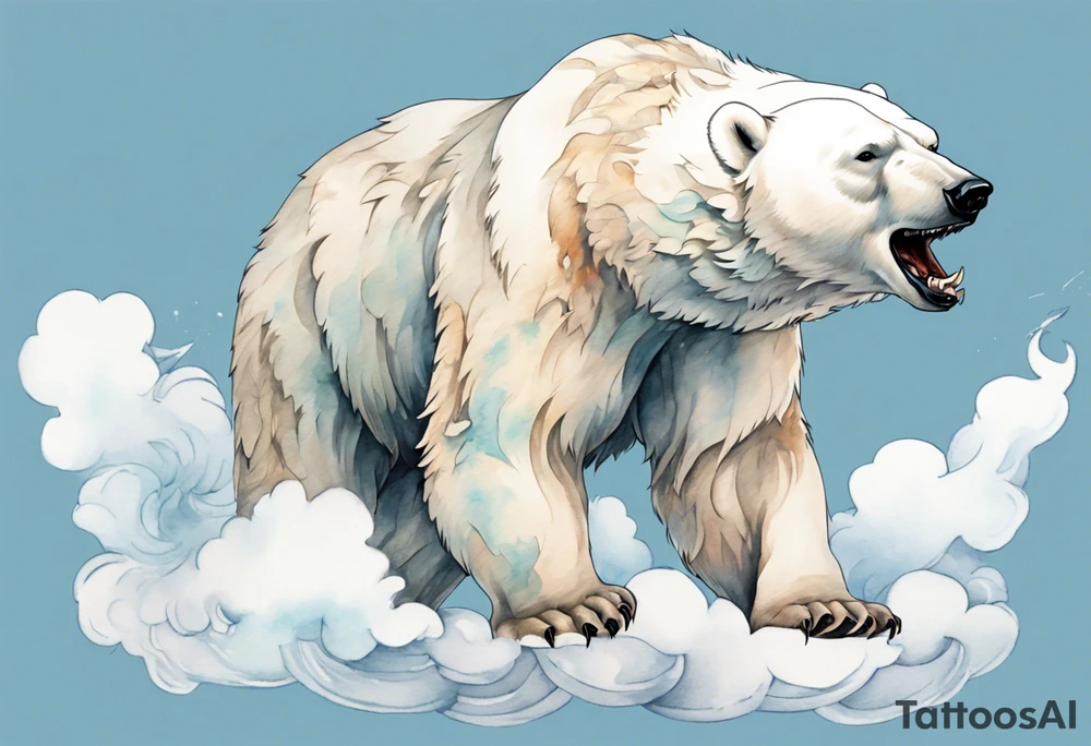 a winged polar bear, standing on clouds blowing wind from his mouth tattoo idea