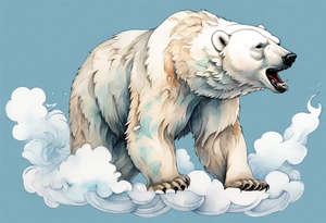 a winged polar bear, standing on clouds blowing wind from his mouth tattoo idea