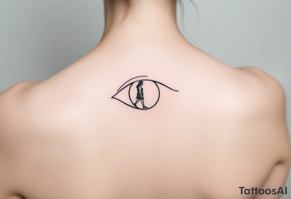 A fine line design featuring an eye with the reflection of an ambiguous woman walking away tattoo idea