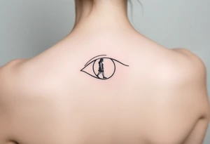 A fine line design featuring an eye with the reflection of an ambiguous woman walking away tattoo idea