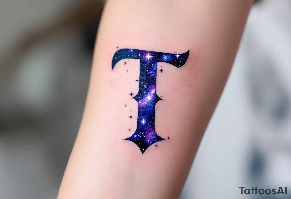 A galaxy-themed "T" in deep violet and midnight blue, speckled with white stars. tattoo idea