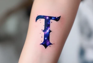 A galaxy-themed "T" in deep violet and midnight blue, speckled with white stars. tattoo idea