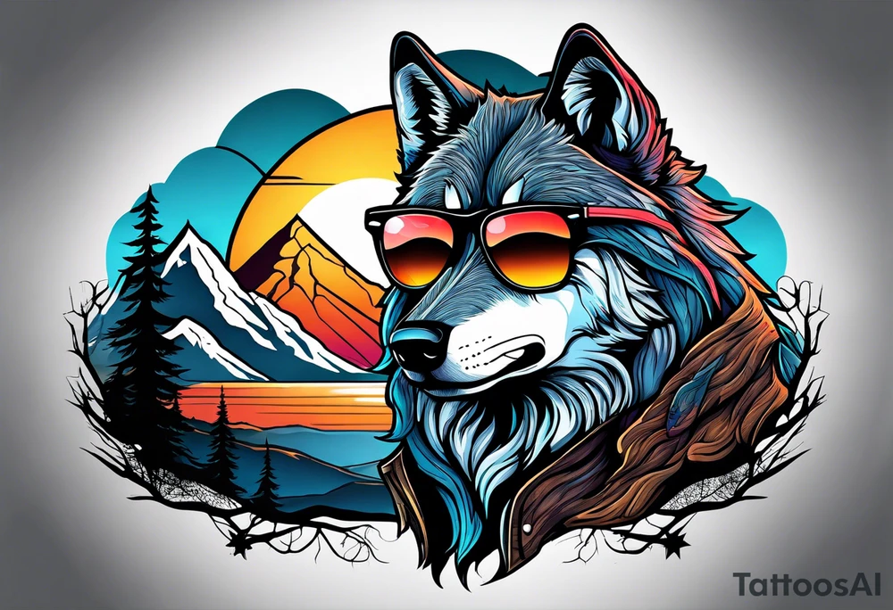 Badass wolf wearing sunglasses
Dark woods
Mountain peaks
Sunset tattoo idea