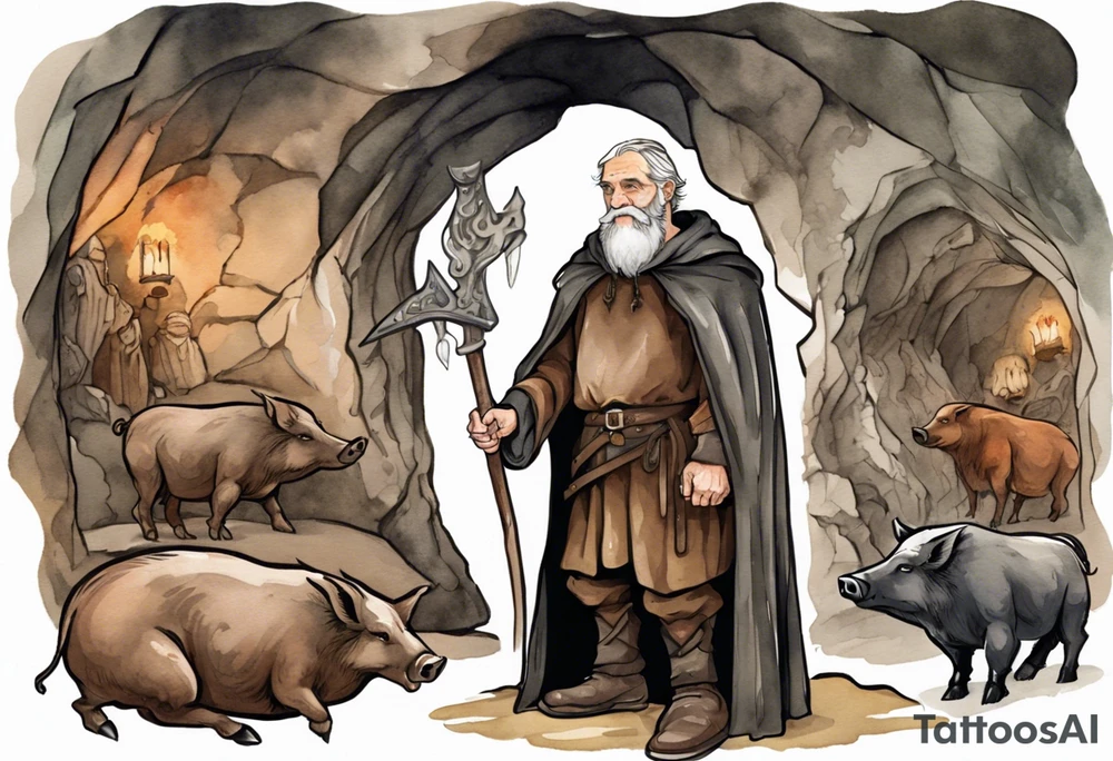 a 55-year-old medieval Bavarian man with a grey beard and broad shoulders wearing a brown and black cloak standing next to a boar in front of a cave tattoo idea