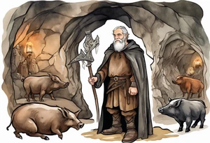 a 55-year-old medieval Bavarian man with a grey beard and broad shoulders wearing a brown and black cloak standing next to a boar in front of a cave tattoo idea