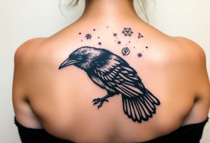 Raven with starry sky background with zodiac constellations in it with runes in sky tattoo idea