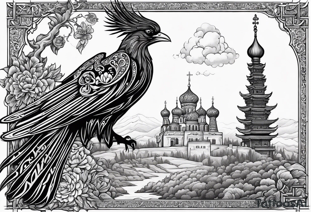 russian firebird in-flight with long fancy tail and 3 small onion cap monastery towers in background, with "Isaiah 43: 18-19" tattoo idea