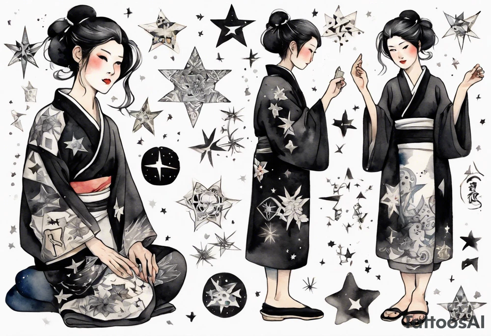 a middle-aged Japanese woman dressed in a black and white Nordic robe, wearing black slippers, surrounded by stars tattoo idea