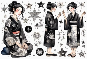 a middle-aged Japanese woman dressed in a black and white Nordic robe, wearing black slippers, surrounded by stars tattoo idea