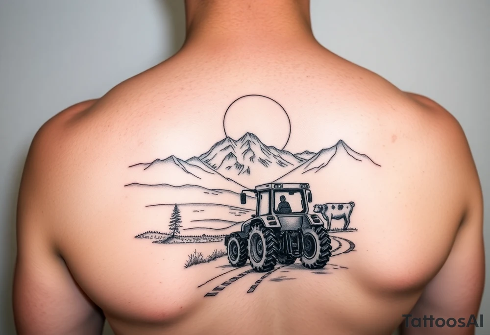 mountian, road, vantage tractor, cow, sunset tattoo idea