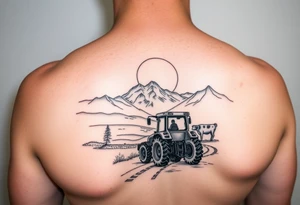 mountian, road, vantage tractor, cow, sunset tattoo idea