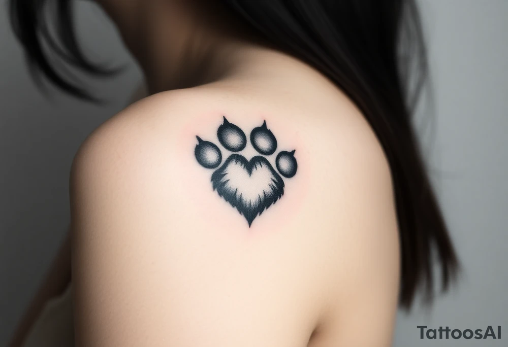 A black-and-gray shaded paw forming a heart, with sharp fur details and intense shading for a bold, mystical look tattoo idea