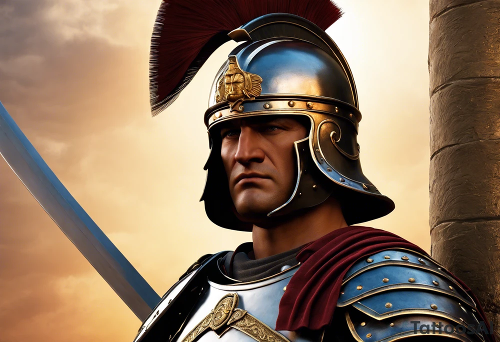 a high ranking roman centurion, soldier, AD 60, wearing armour which must include an armoured belt, breastplate, armoured shoes, shield, helmet and sword. the soldier is strong, tall, large, fit, muscular. the soldier is faceless. We can see the full body of the centurion, from his shoes to his helmet. The soldier is mid-battle, fending off flaming arrows with his shield, advancing towards the enemy, attacking the enemy. attacking pose. The image should be extremely detailed. Need to see the full soldier. tattoo idea