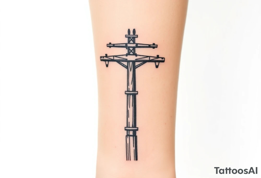 a wooden 12kv distribution pole with electrical lines. Make the pole a cross that has a hidden resemblance to god. tattoo idea