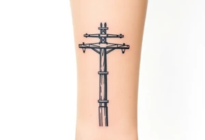 a wooden 12kv distribution pole with electrical lines. Make the pole a cross that has a hidden resemblance to god. tattoo idea