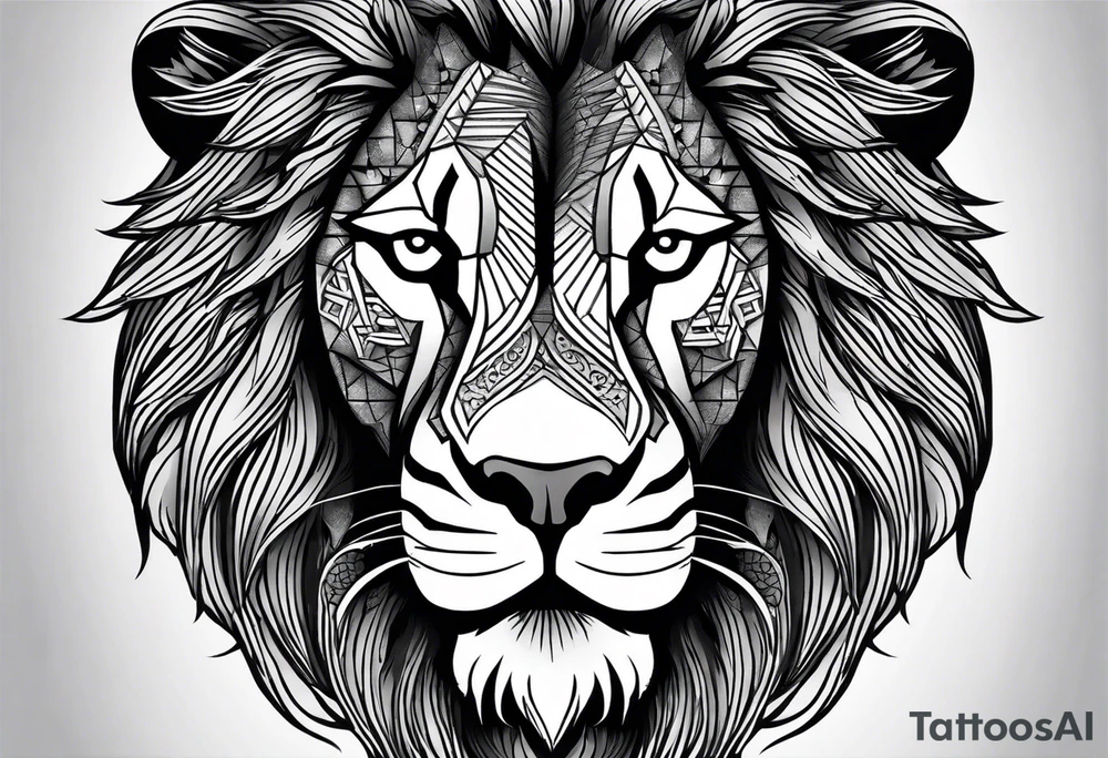 A full tattoo sleeve designed with a strong, masculine aesthetic, featuring a powerful lion as the centerpiece. The lion, symbolizing strength, courage, and leadership, is depicted with intricate detail and dynamic shading, capturing its fierce expression and majestic mane. Surrounding the lion, incorporate geometric patterns that add structure and contrast to the design. These patterns are bold and angular, creating a sense of order and symmetry that complements the natural form of the lion. The geometric elements are woven around the lion, emphasizing its central position while providing a modern, edgy backdrop. The shading throughout the sleeve is deep and dramatic, enhancing the contrast between the organic features of the lion and the precise lines of the geometric patterns. The overall design is bold, intense, and visually striking, combining the raw power of the lion with the clean, ordered aesthetic of geometric patterns for a cohesive and masculine tattoo sleeve. tattoo idea