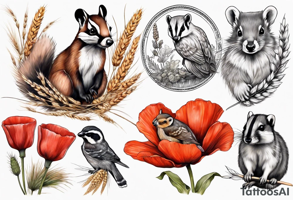 A British wildlife sleeve, with a badger, squirrel, falcon and field mice on with poppys and wheat at the bottom tattoo idea