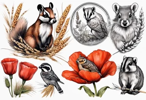 A British wildlife sleeve, with a badger, squirrel, falcon and field mice on with poppys and wheat at the bottom tattoo idea