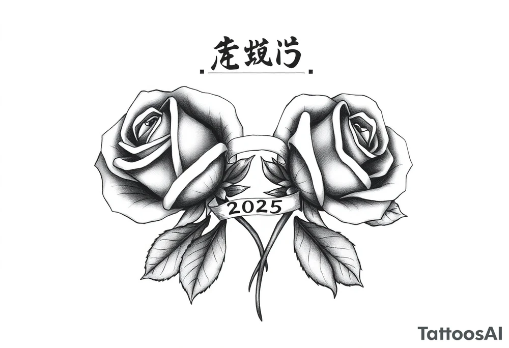 two big beautiful rose buds with leaves and separated by their cascading, intertwined stems joining as one. Add a small banner with the year "2025" on it, tying them together.  Add the following word "Rose" written in Kanji above the drawing. tattoo idea