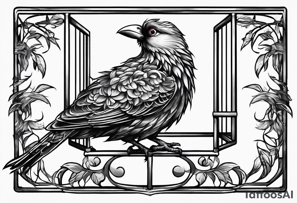 really big bird in a long but too small cage for him. Add decoration on the left top of the cage like 
foliage tattoo idea