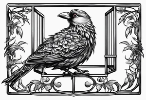 really big bird in a long but too small cage for him. Add decoration on the left top of the cage like 
foliage tattoo idea