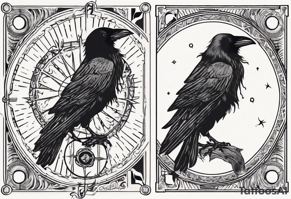 Cunning Raven with the Sun. Vertical Tarot card. tattoo idea