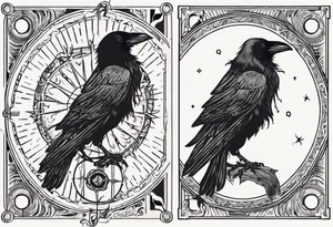 Cunning Raven with the Sun. Vertical Tarot card. tattoo idea