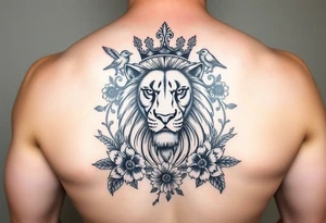 powerful majestic lion with a crown, surrounded by floral ornaments and birds tattoo idea