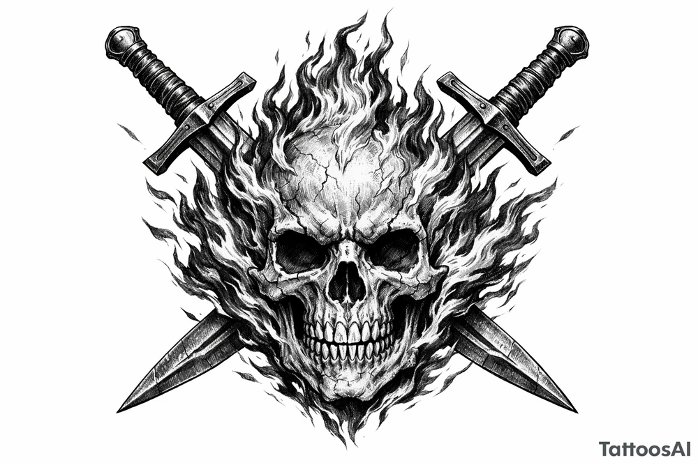Skull engulfed in roaring flames, crossed swords behind it. tattoo idea