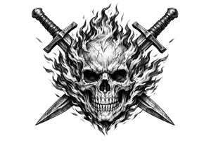 Skull engulfed in roaring flames, crossed swords behind it. tattoo idea