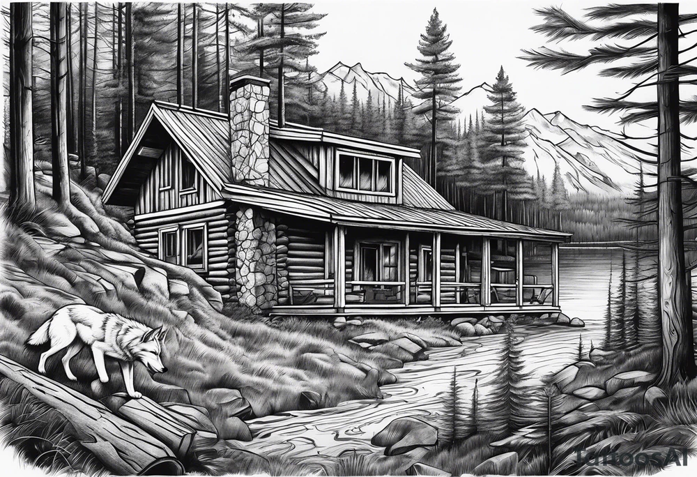 Woods with a cabin and a wolf tattoo idea
