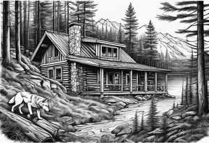 Woods with a cabin and a wolf tattoo idea