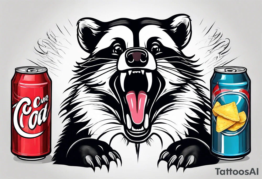 Angry badger with mouth open with soda can and chips in hands tattoo idea