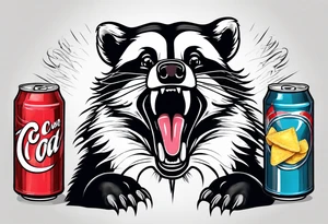 Angry badger with mouth open with soda can and chips in hands tattoo idea
