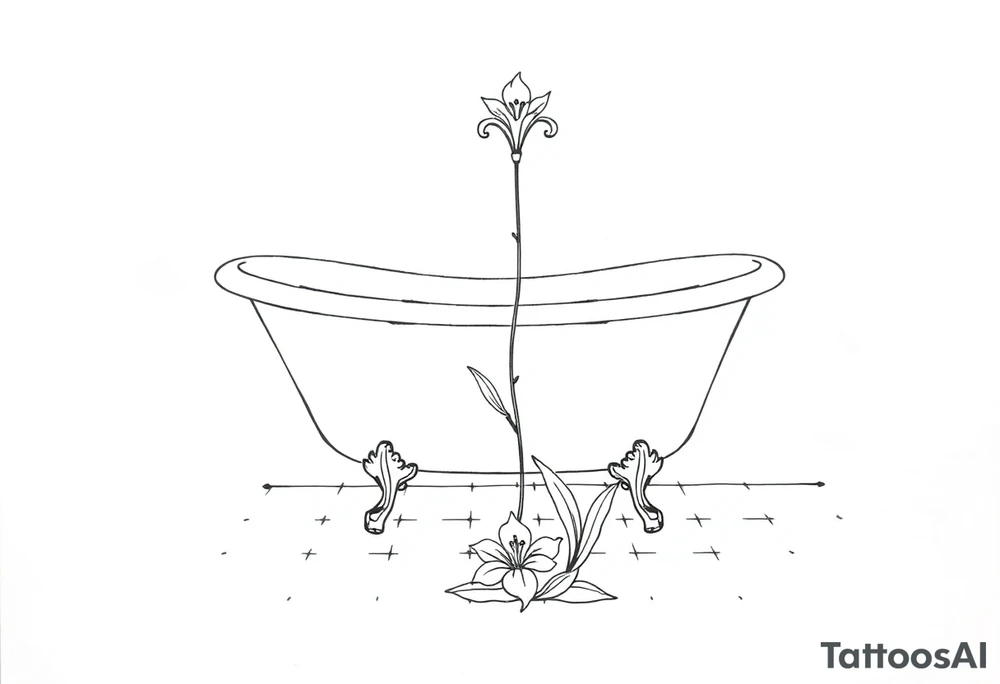 Clawfoot bathtub with lily coming up from tile floor tattoo idea