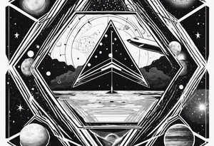 hexagon pattern solar system vertically aligned  with a space shuttle tattoo idea
