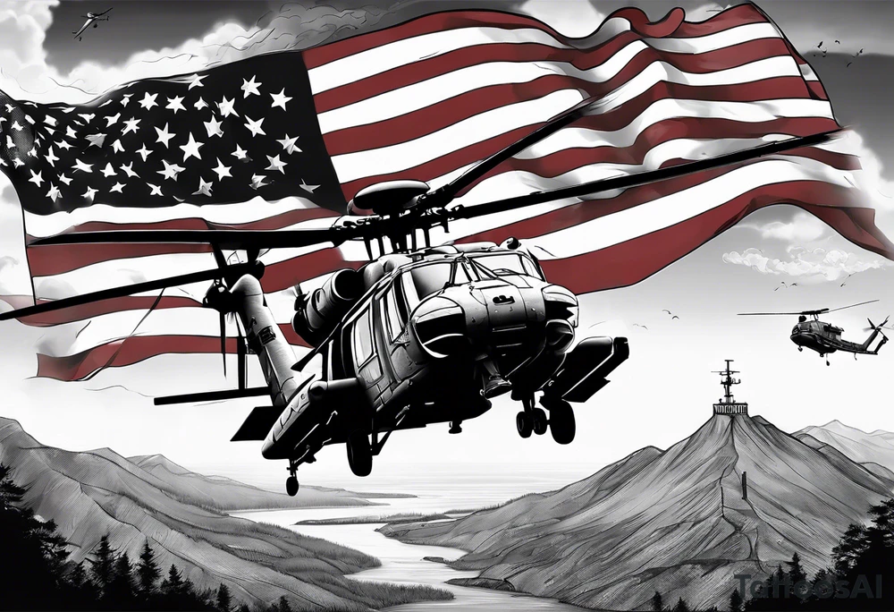 Usmc ega recon jack and sniper helicopter in sky with recon parachute team in shy with American flag twisted waving tattoo idea