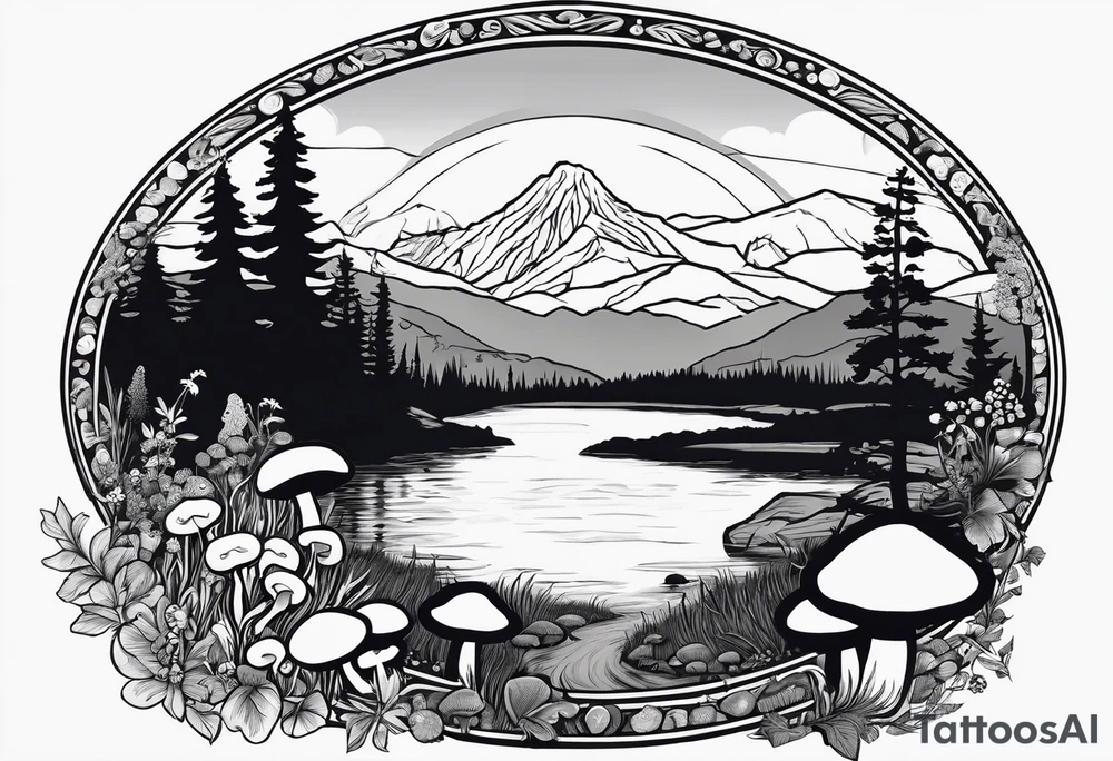 Whole picture encircled fully

Straight long blonde hair hippie girl in distance holding mushrooms in hand facing away toward mountains and creek surrounded by mushrooms long sleeve shirt and hiking pants; whole rendering within a full circle, no cut off circle tattoo idea
