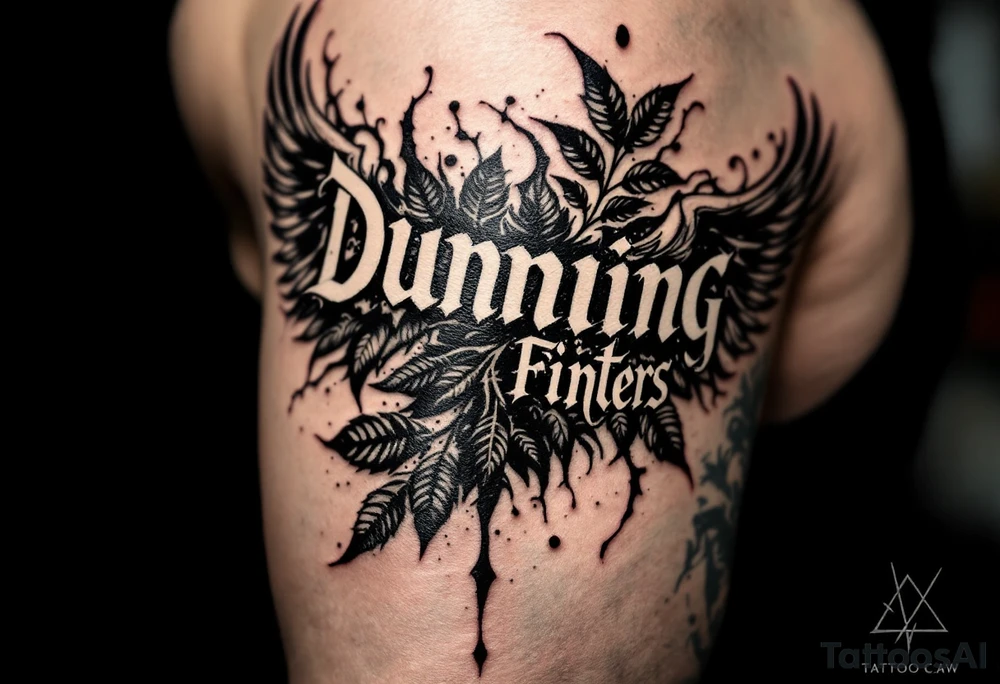 Dunning, details include angel wing, greek type of font,jungle leaves , tiger claw scratch tattoo idea