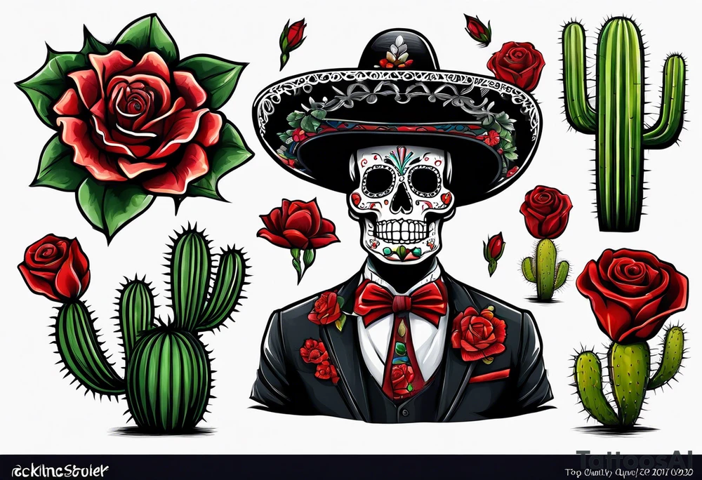 day of dead, red rose, Mexican hat,  cactus tattoo idea
