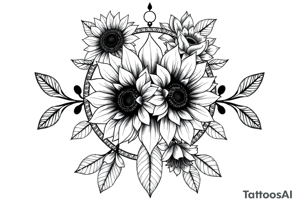 Sunflowers and roses dreamcatcher tattoo idea