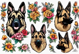 Sable coat German shepherd portrait brightly colored with flowers tattoo idea