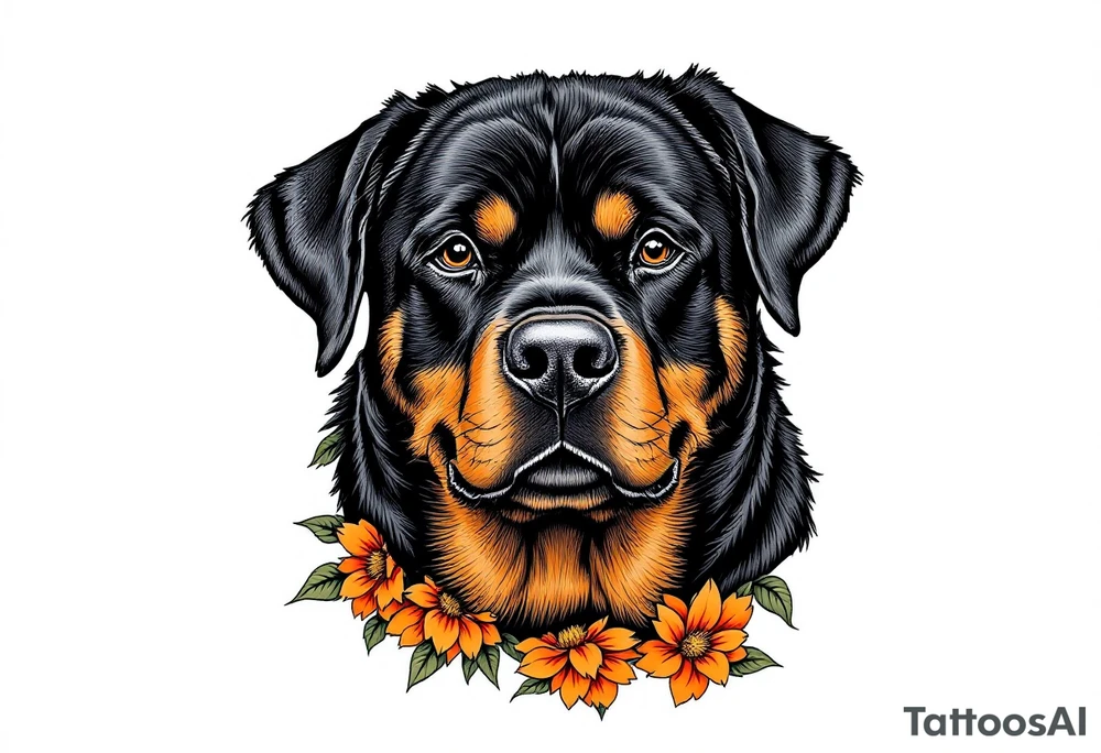 Neo-Traditional Rottweiler – A bold, detailed Rottweiler design with clean lines, saturated black and orange-brown fur, and bright traditional-style flowers around it. tattoo idea