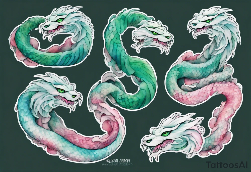 a gentle green-eyed Falkor serpent hybrid with turquoise and pink scales emerging from the stormy sea tattoo idea