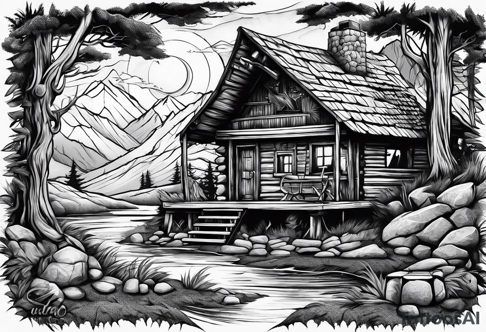 caveman weekend with cross, golf, bourbon, campfire and cabin tattoo idea