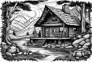 caveman weekend with cross, golf, bourbon, campfire and cabin tattoo idea