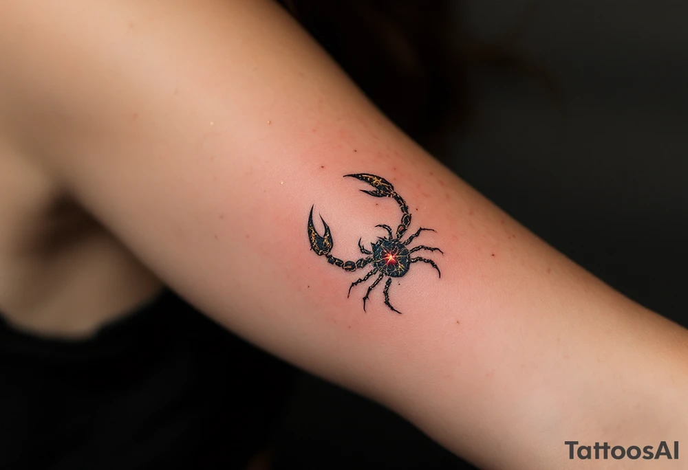 A golden Scorpius star constellation with a scarlet core, Scorpius prowls the zodiac as the guardian of hidden truths. tattoo idea