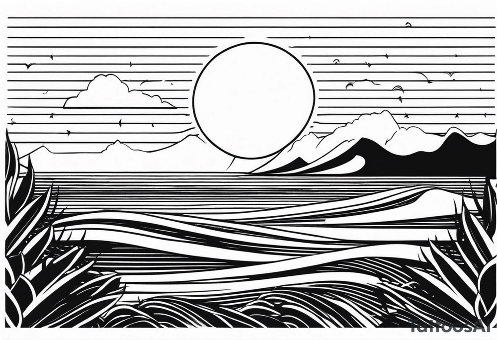 Hawaian beach with a big sun and many waves, only black and white tattoo idea