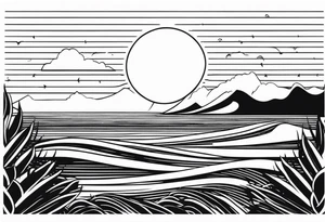 Hawaian beach with a big sun and many waves, only black and white tattoo idea